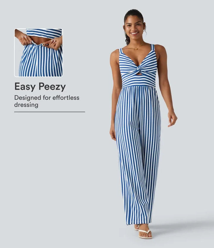 Ärmlös vriden smockad dold dragkedja inbyggd BH ränder våffelstruktur vardaglig jumpsuit med fickor-Easy Peezy
