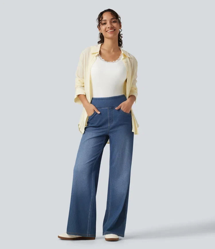 HalaraFlex med hög midja vida ben silver glans vardagsjeans med fickor