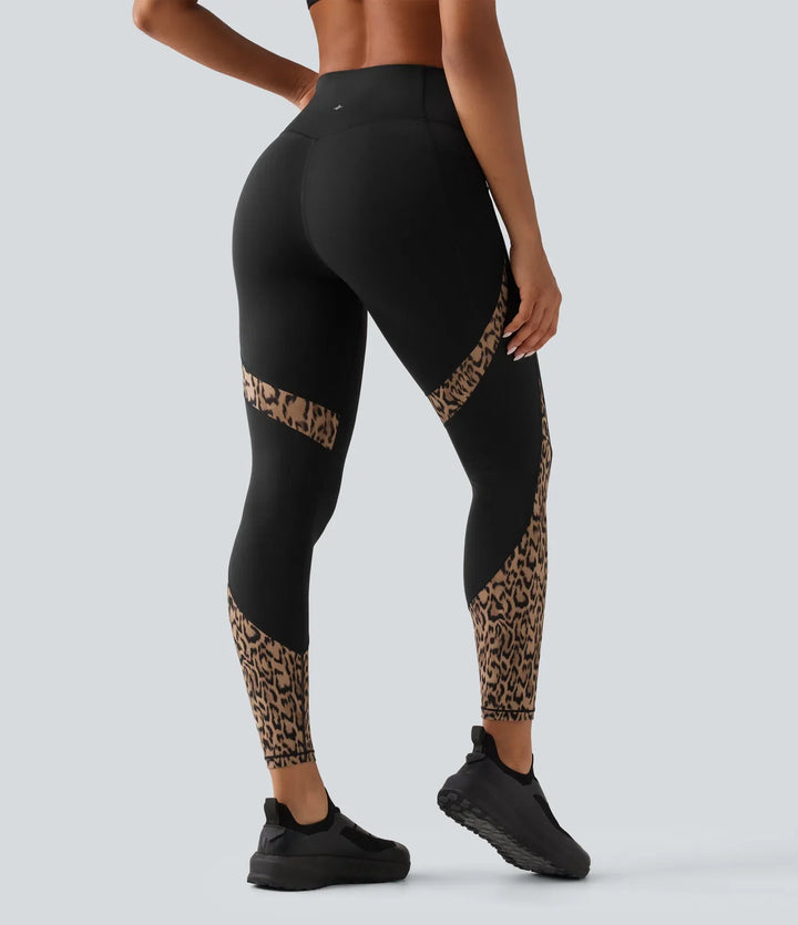 Högmidjad skinny kontrastmesh leopardmönster färgblock yogaleggings med fickor