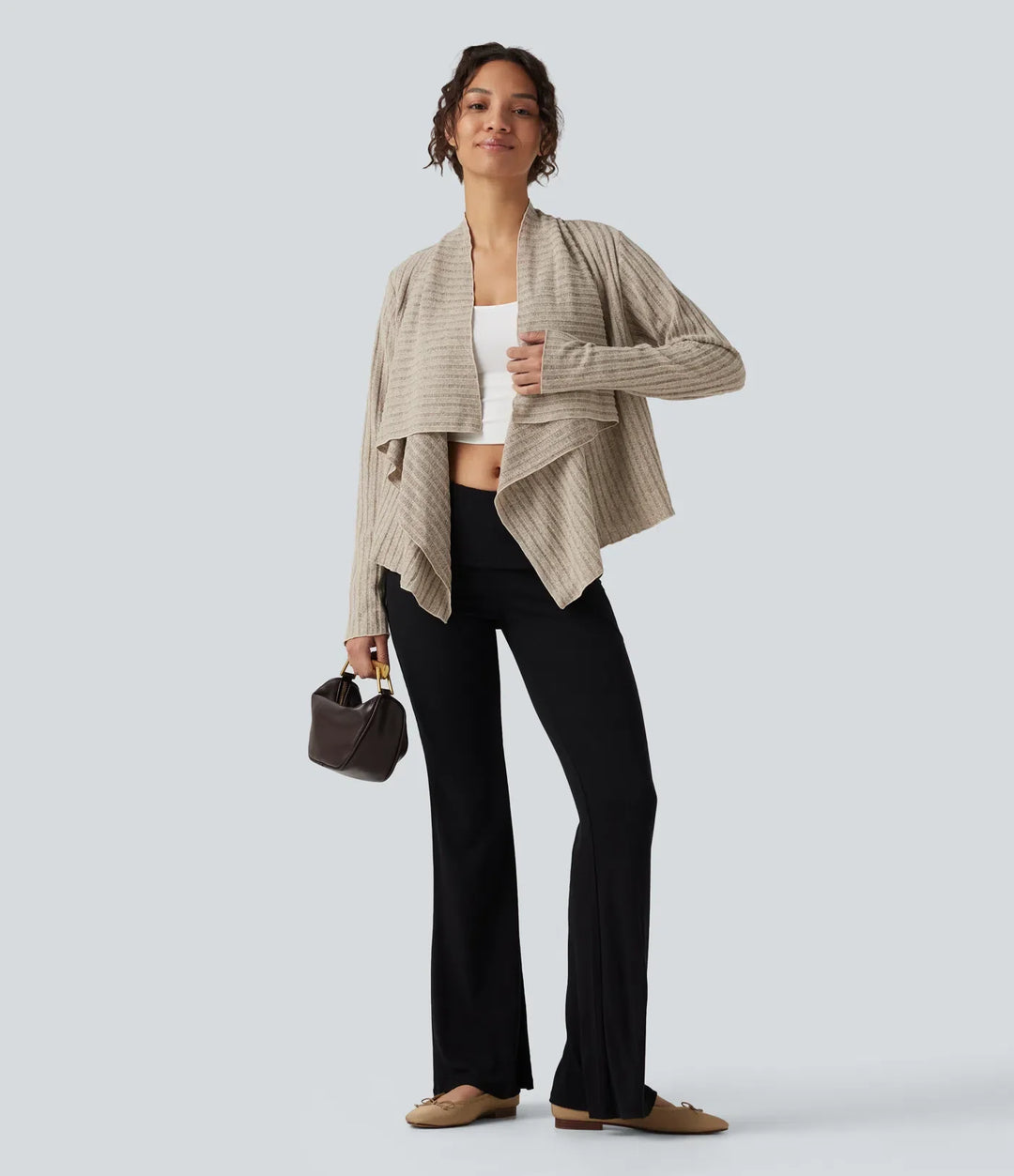 Ribbstickad med krage öppen front långärmad vardaglig cardigan