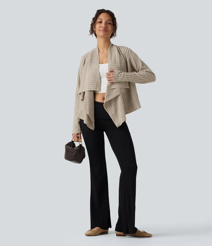 Ribbstickad med krage öppen front långärmad vardaglig cardigan