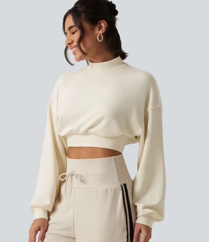 Halvpolo nedhasad långärmad vardaglig croppad sweatshirt