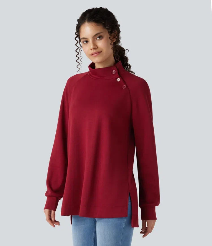 Halvpolo långärmad slits hög-låg avslappnad vardaglig sweatshirt
