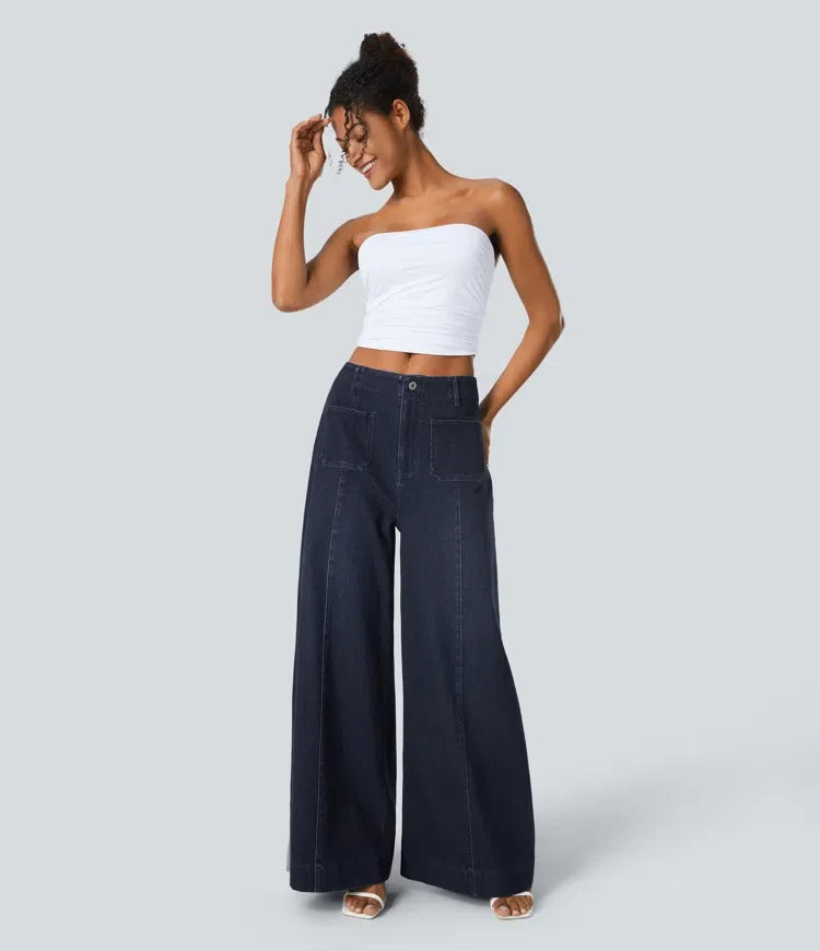 Halara Flex med hög midja och fickor tvättad för vardag vida ben jeans