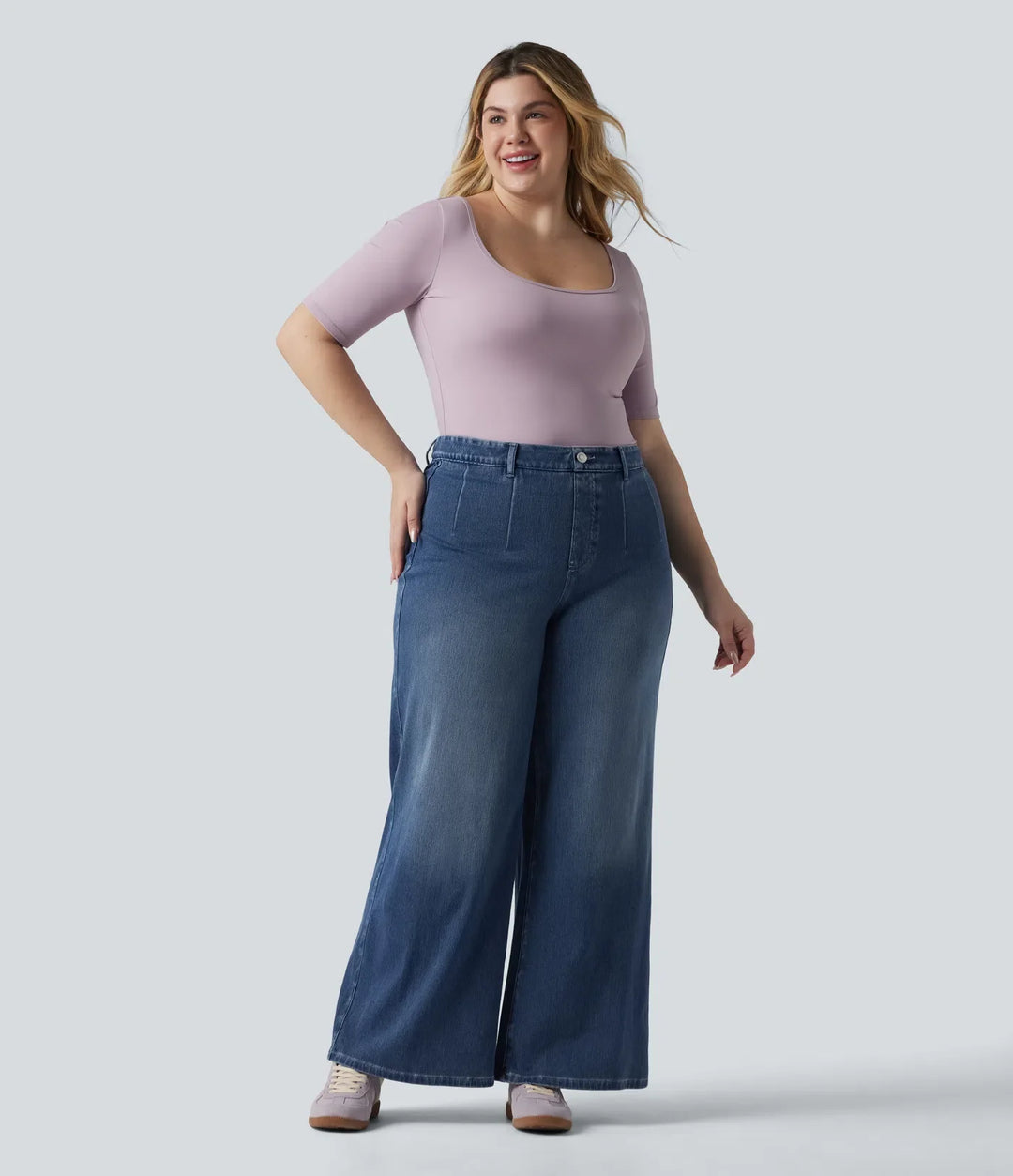 Halara Flex plusstorlek med hög midja och magkontroll vida ben vardagsjeans med fickor