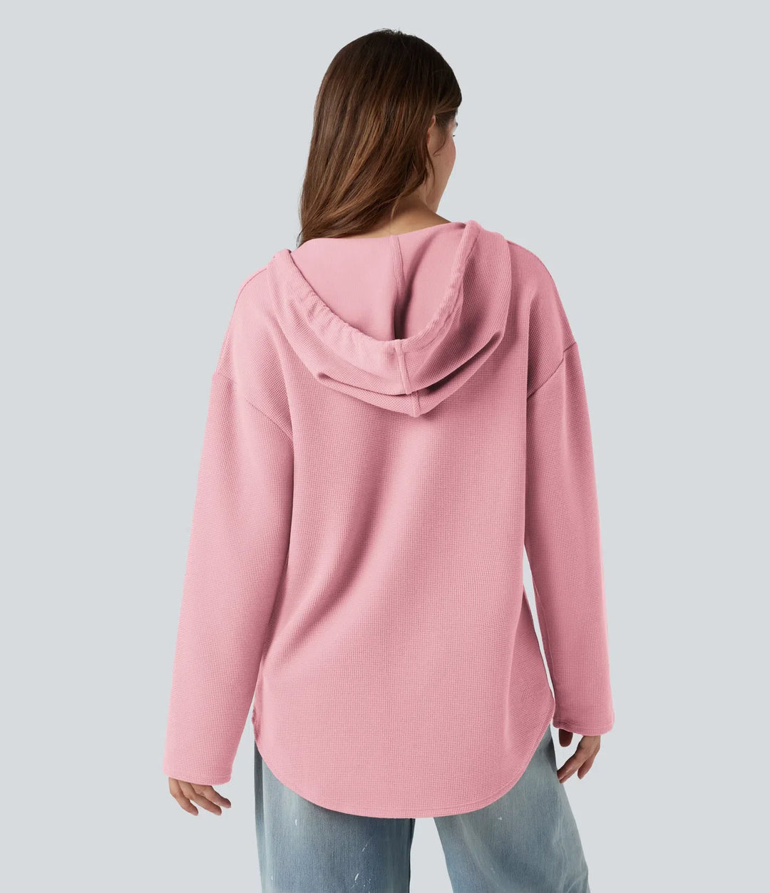 Med huva dragsko långärmad rundad fåll våffelstruktur vardaglig sweatshirt med ficka