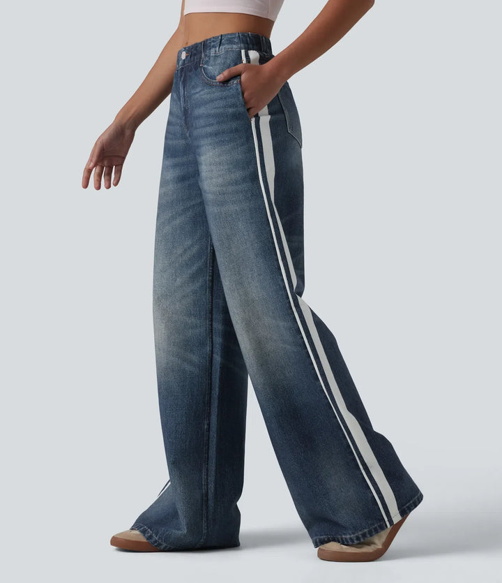 Med medelhög midja denim tryck French terry rand för vardag mjukisbyxor jeans med fickor