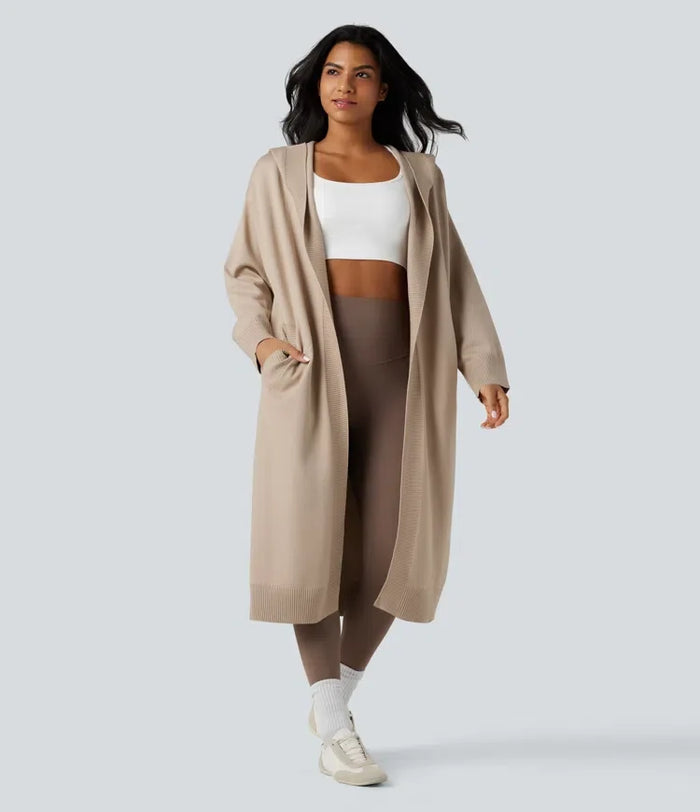 Med huva långärmad lång modell vardaglig cardigan med fickor