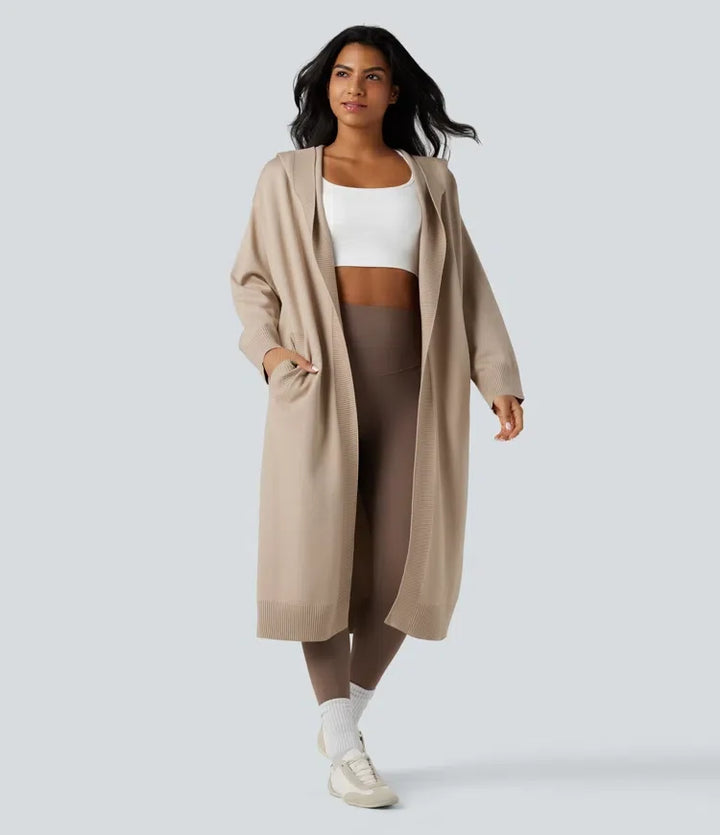 Med huva långärmad lång modell vardaglig cardigan med fickor