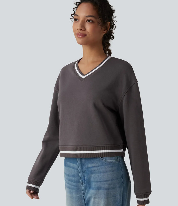 V-ringad långärmad färgblock vardaglig bomull sweatshirt