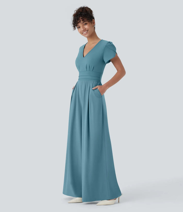 Breezeful V-ringad blombladsärm ficka vida ben fallande snabbtorkande arbetsjumpsuit
