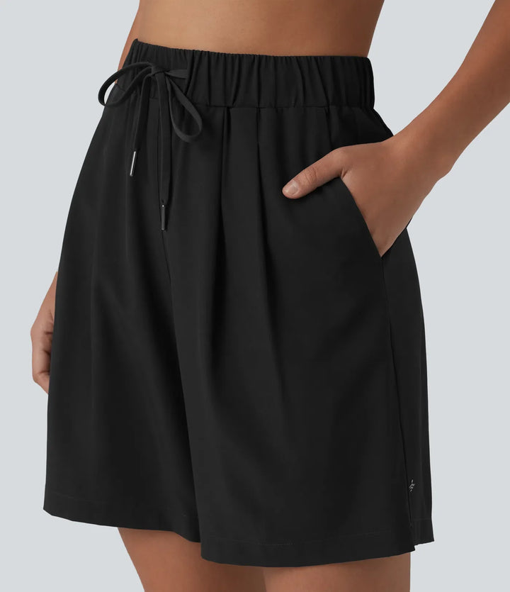 Med hög midja resårmidja dragsko plisserad yogashorts 7&