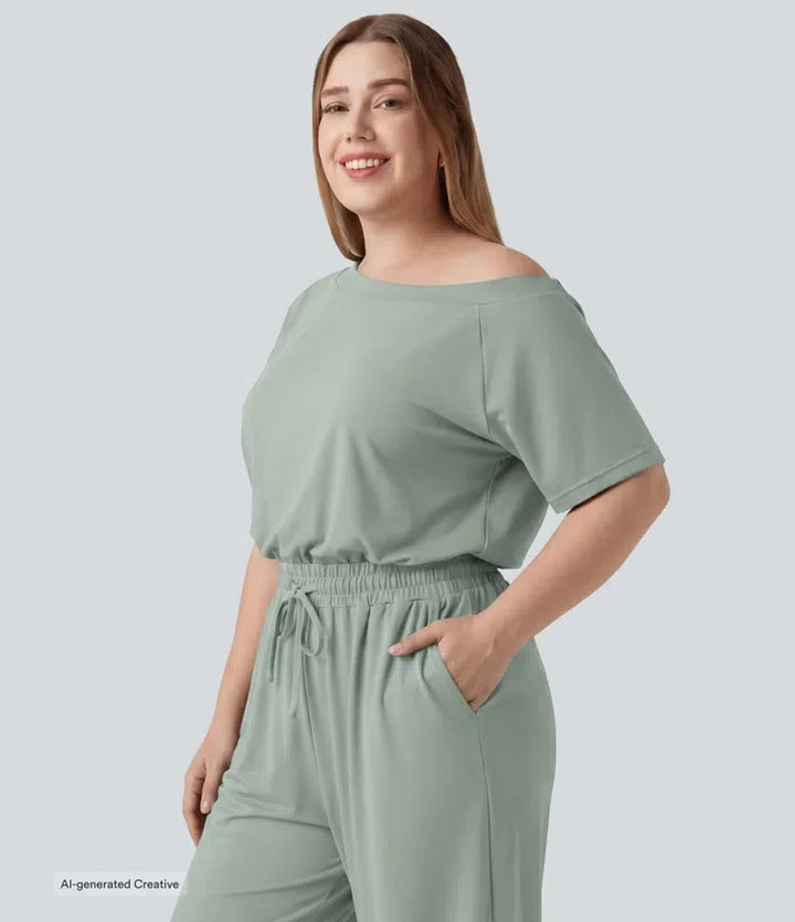 Plusstorlek båtringning kortärmad dragsko baggy jumpsuit för vardag med fickor – Easy Peezy-utgåva