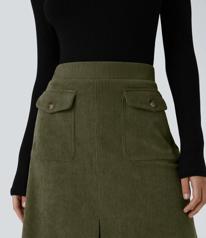 Medelhög midja front sida lock ficka midi manchester vardagskjol