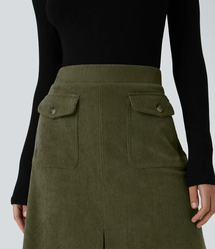 Medelhög midja front sida lock ficka midi manchester vardagskjol