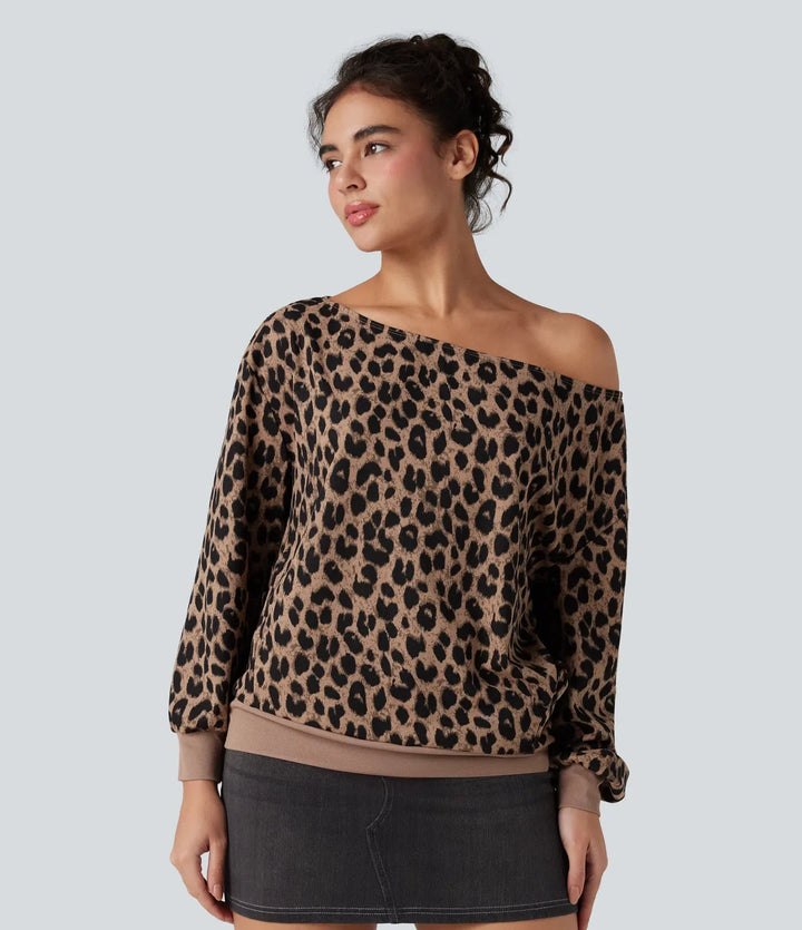 Enaxlad långärmad våffelstruktur leopard vardaglig sweatshirt med fickor