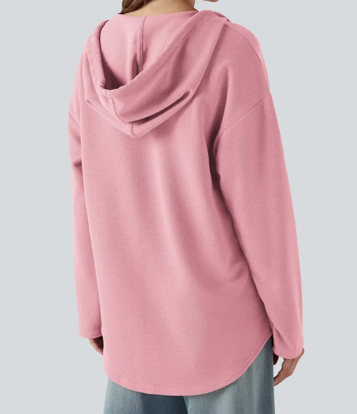 Med huva dragsko långärmad rundad fåll våffelstruktur vardaglig sweatshirt med ficka