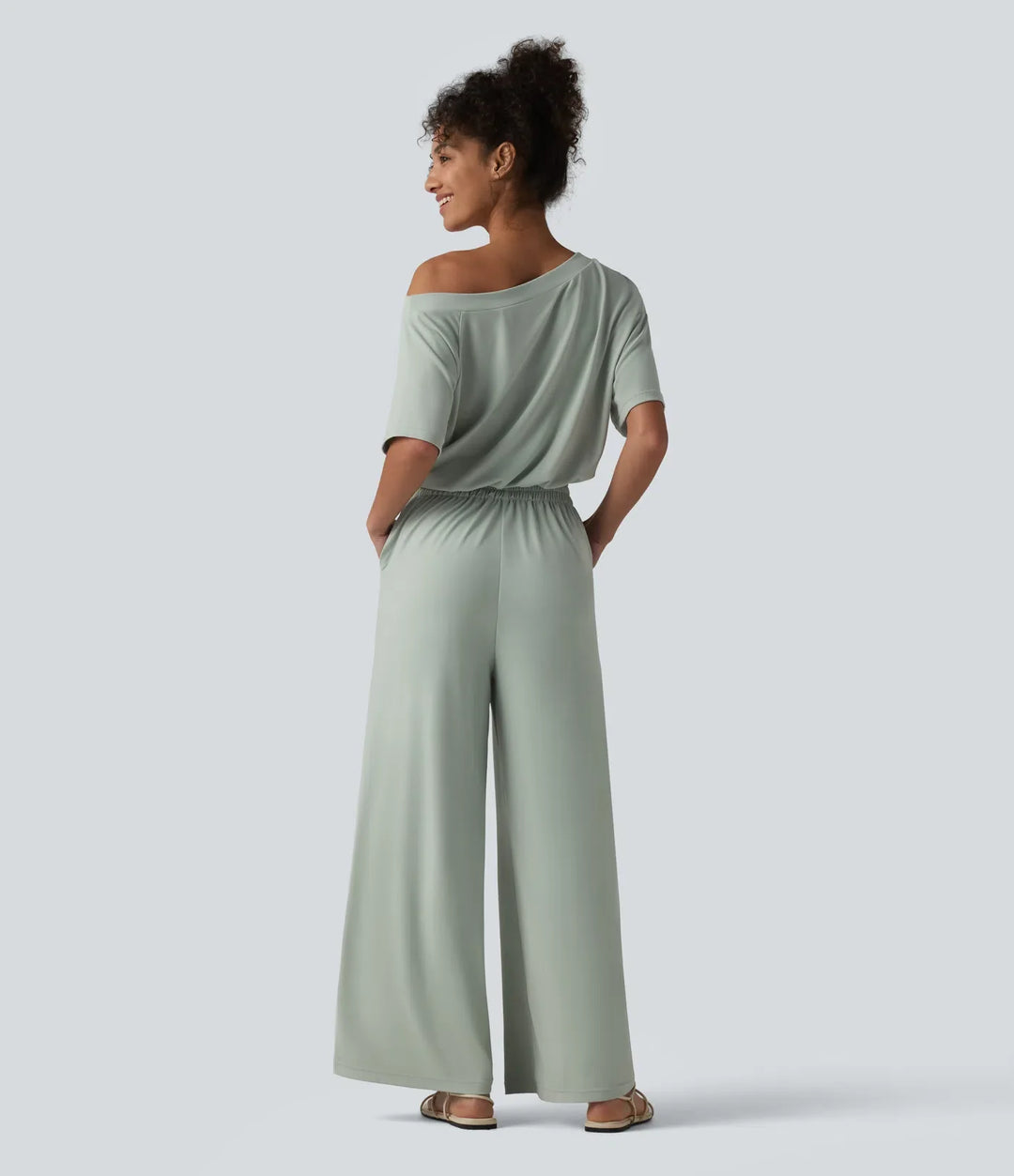 Båtringad kortärmad dragsko baggy vardaglig jumpsuit med fickor-Easy Peezy Edition