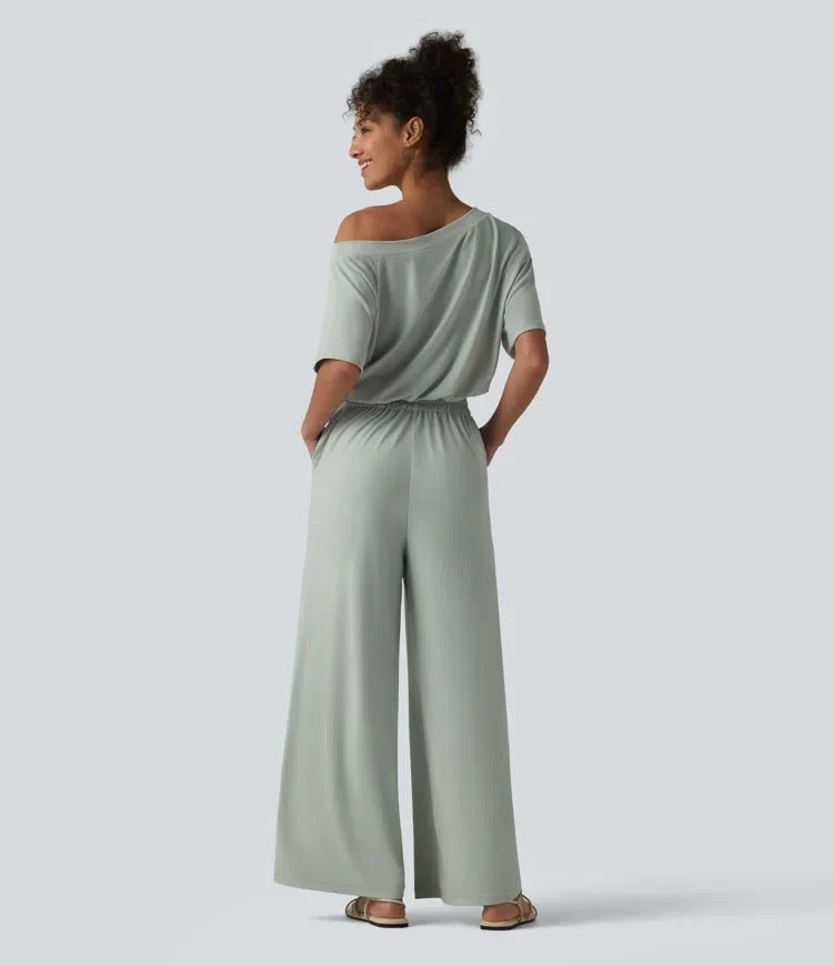 Båtringning kortärmad dragsko baggy jumpsuit för vardag med fickor – Easy Peezy-utgåva