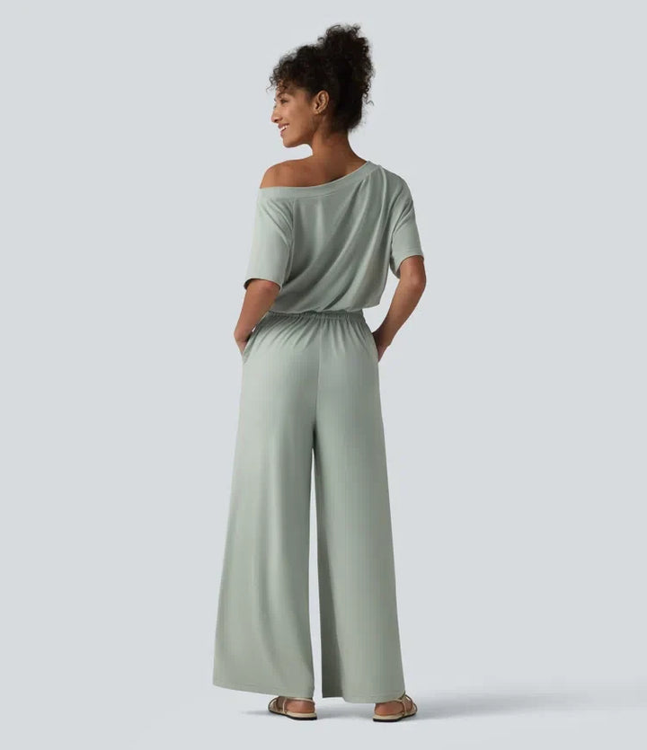 Båtringning kortärmad dragsko baggy jumpsuit för vardag med fickor – Easy Peezy-utgåva