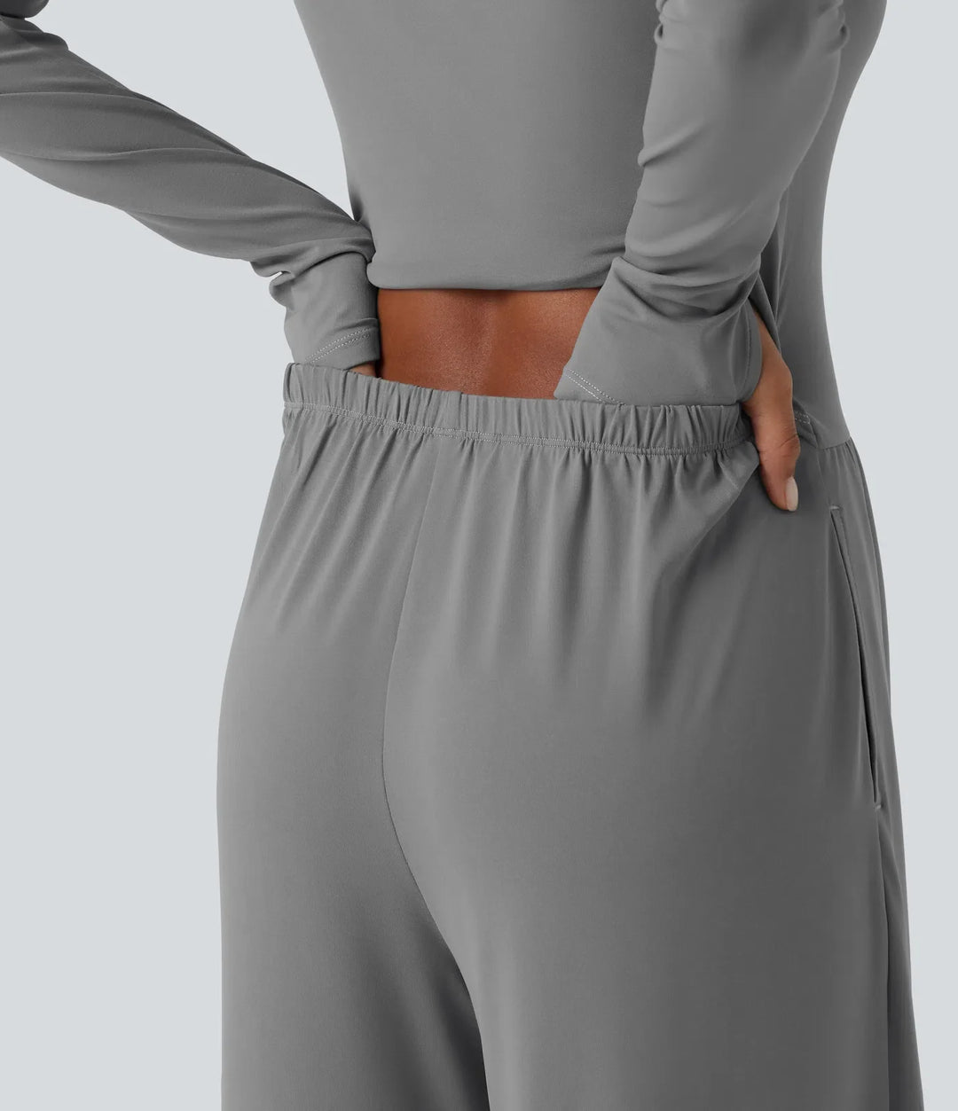 U-ringad långärmad tumhål vida ben rynkat vardaglig jumpsuit med inbyggd BH och fickor -Easy Peezy Edition