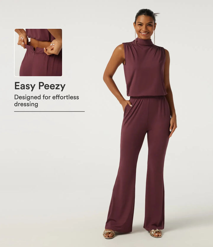 Halvpolo ärmlös utsvängd nyckelhålsrygg fest jumpsuit med fickor - Easy Peezy Edition