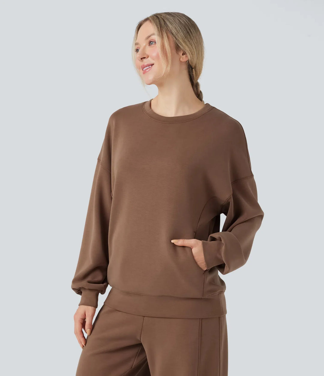 SpacerTek rund hals långärmad crossover rygg vardaglig sweatshirt med fickor