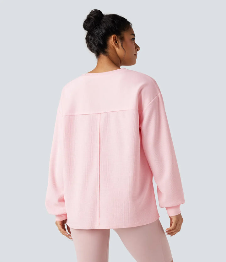 Rund hals långärmad slits fåll våffelstruktur oversized vardaglig sweatshirt med fickor