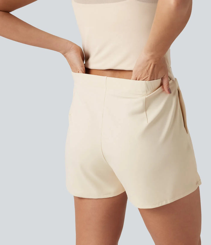SoftlyZero mjuk plysch båtringad inbyggd BH kontrastmesh kortärmad fest playsuit med fickor-Easy Peezy Edition