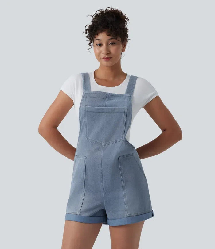Lyckera Flex fyrkantig halsringning upprullad fåll denim vardaglig kort overall med fickor