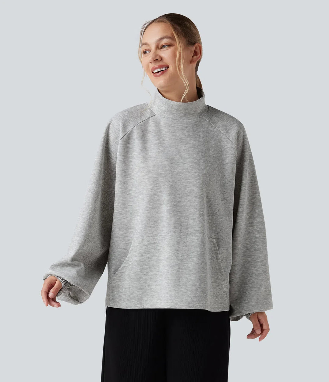 Halvpolo långärmad hög-låg vardaglig sweatshirt med ficka