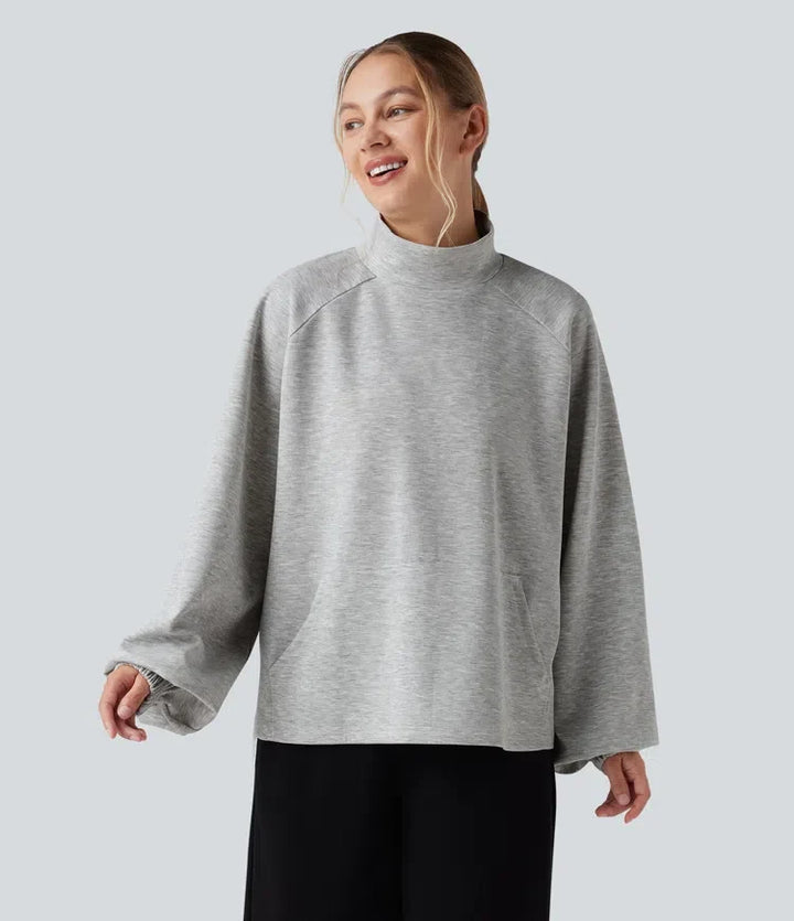 Halvpolo långärmad hög-låg vardaglig sweatshirt med ficka