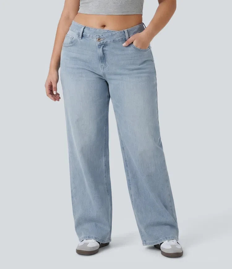 Plusstorlek Halara Flex asymmetrisk med låg midja vida ben tvättad vardagsjeans med fickor