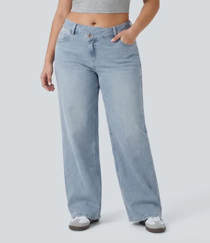 Plusstorlek Halara Flex asymmetrisk med låg midja vida ben tvättad vardagsjeans med fickor