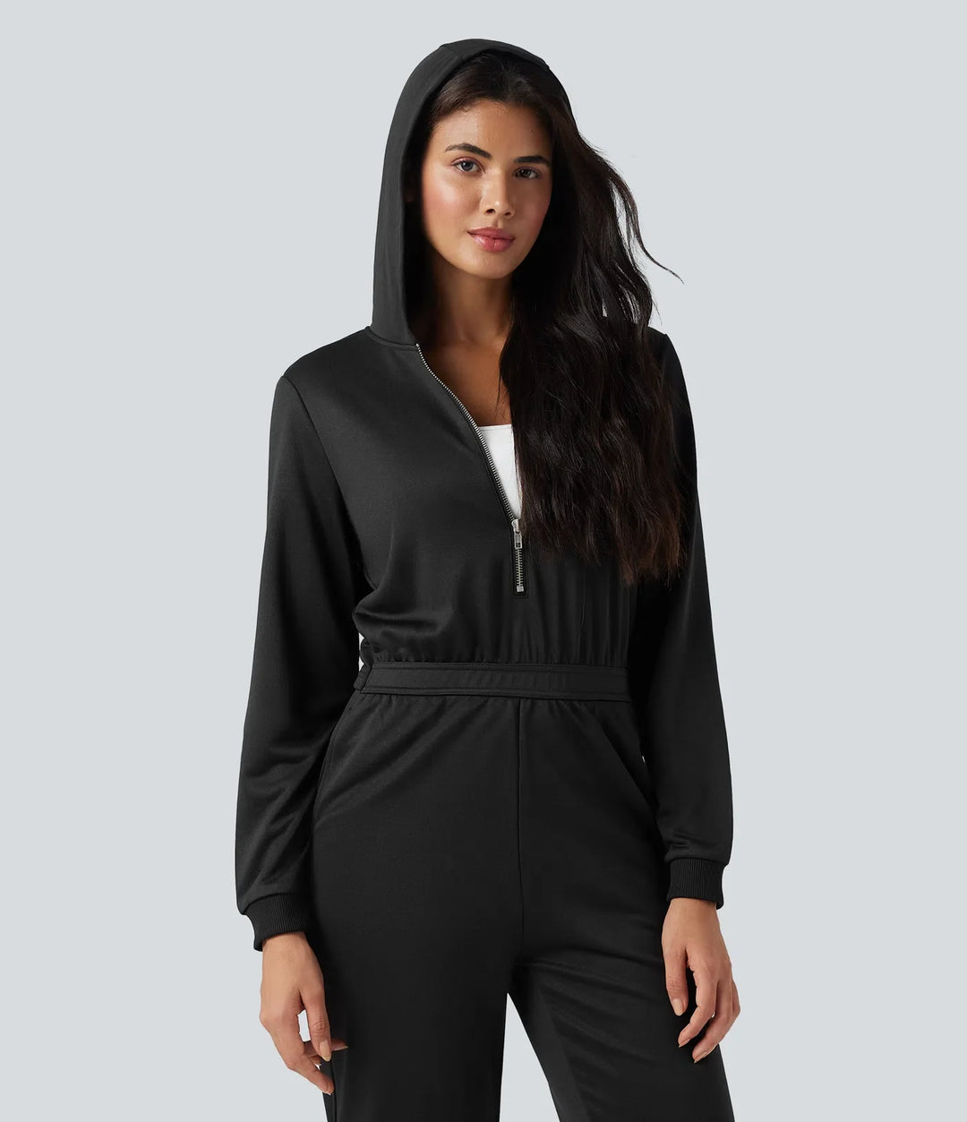 Med huva långärmad vardaglig jogger jumpsuit med fickor-Easy Peezy Edition
