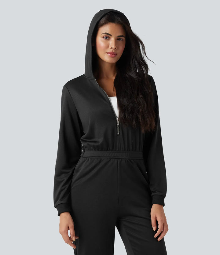 Med huva långärmad vardaglig jogger jumpsuit med fickor-Easy Peezy Edition