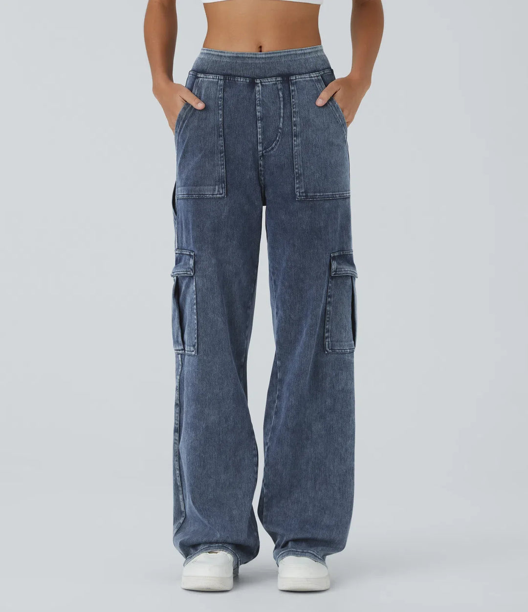 Lyckera Flex medelhög midja fickor raka ben vardaglig cargo jeans