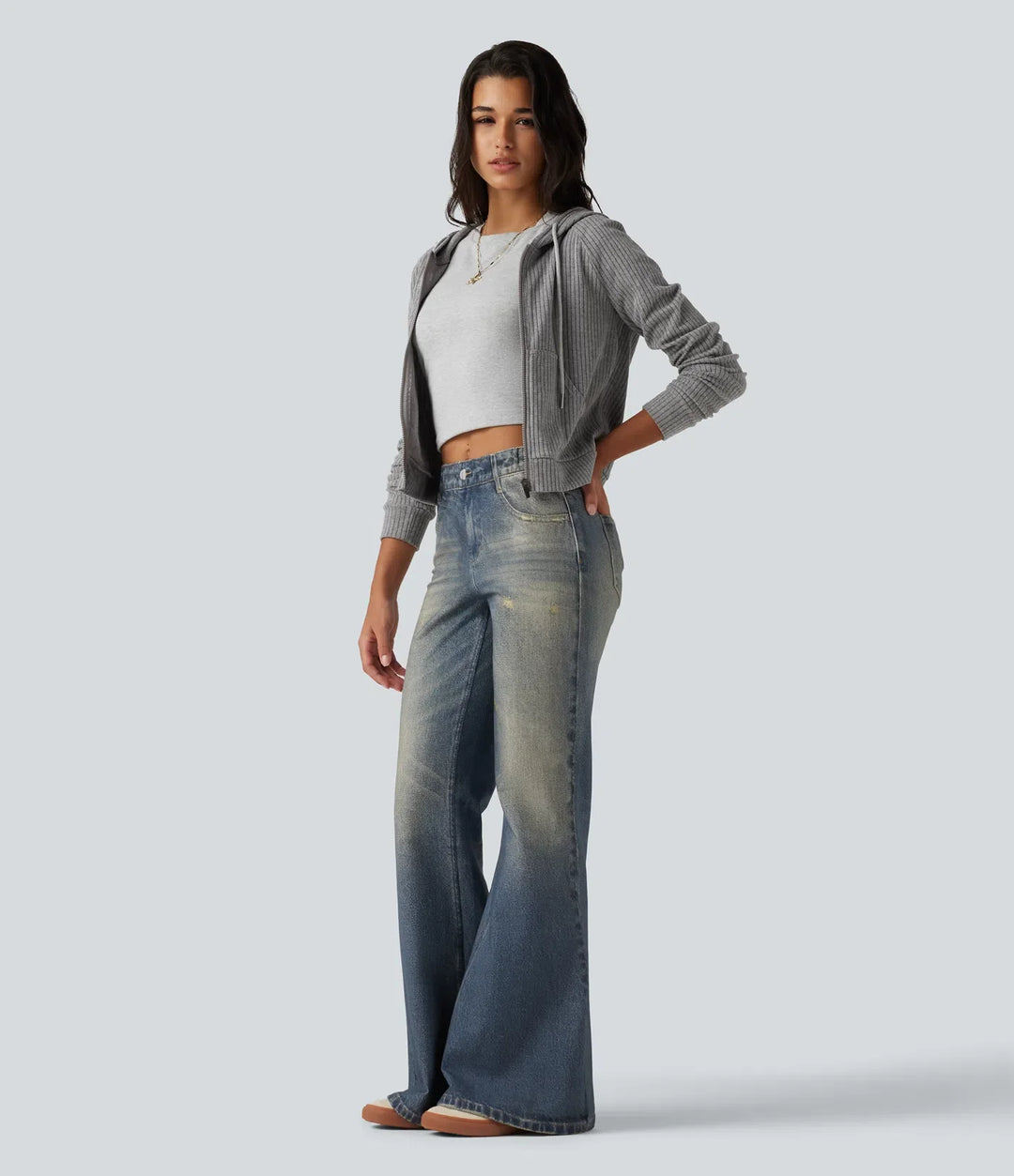 Medelhög midja denim mönster vardaglig utsvängd jeans med fickor