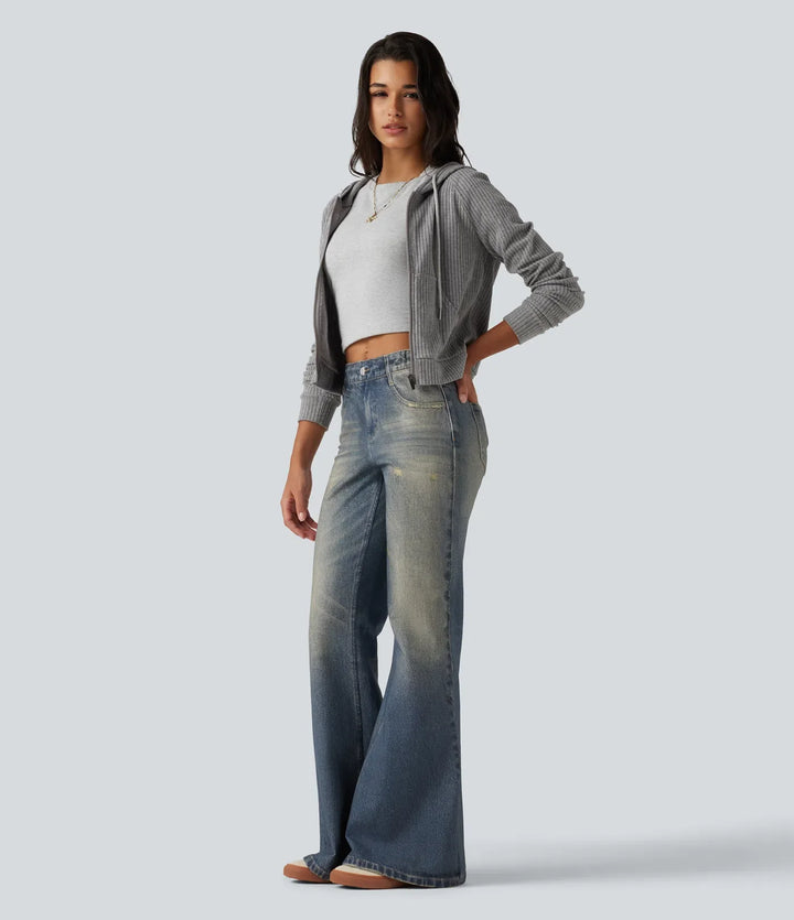Medelhög midja denim mönster vardaglig utsvängd jeans med fickor