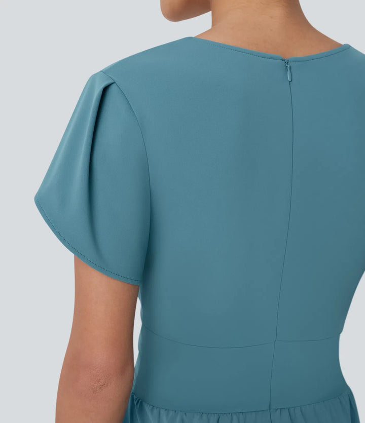 Breezeful V-ringad blombladsärm ficka vida ben fallande snabbtorkande arbetsjumpsuit