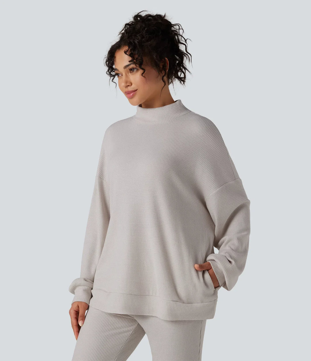 Halvpolo långärmad avslappnad våffelstruktur vardaglig sweatshirt med fickor