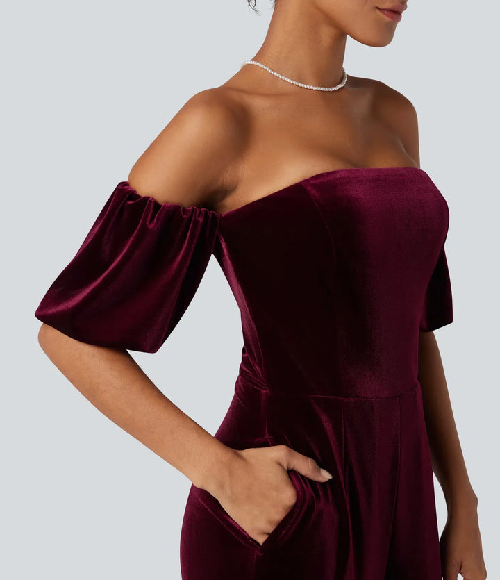 Tub puffärm slits sammet fest jumpsuit-Easy Peezy