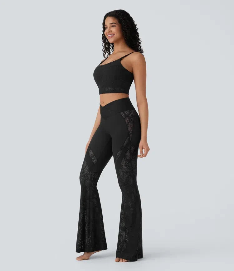 SoftlyZero med hög midja, omlottmidja och ficka kontrastspets utsvängd yogaleggings