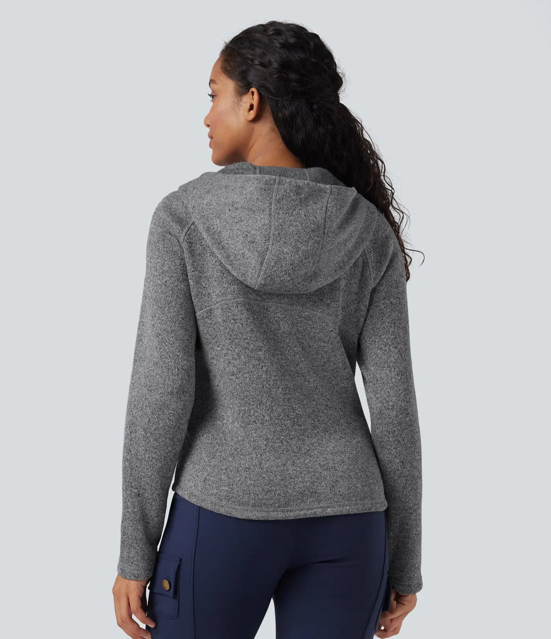 Med huva långärmad fleece stickad vandringsjacka med fickor