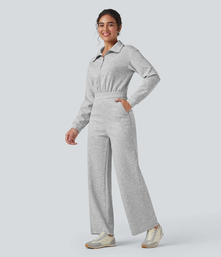 Slagkrage dragkedja långärmad vardaglig jumpsuit med fickor-Easy Peezy