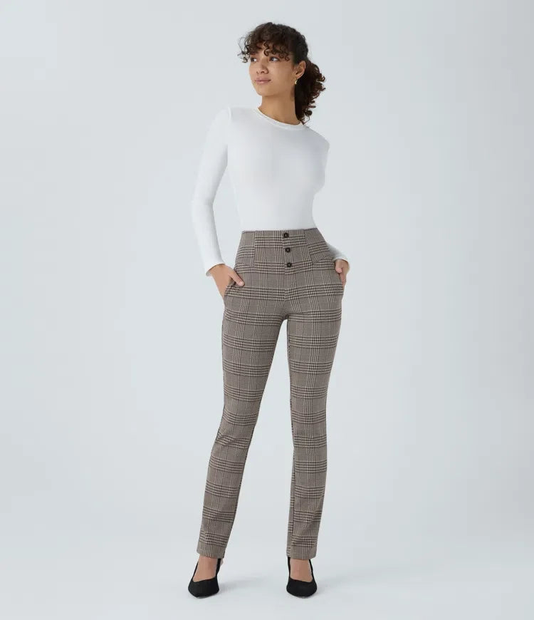 Lyckera Flex högmidjad hundtandsrutig skinny arbetsbyxor med fickor