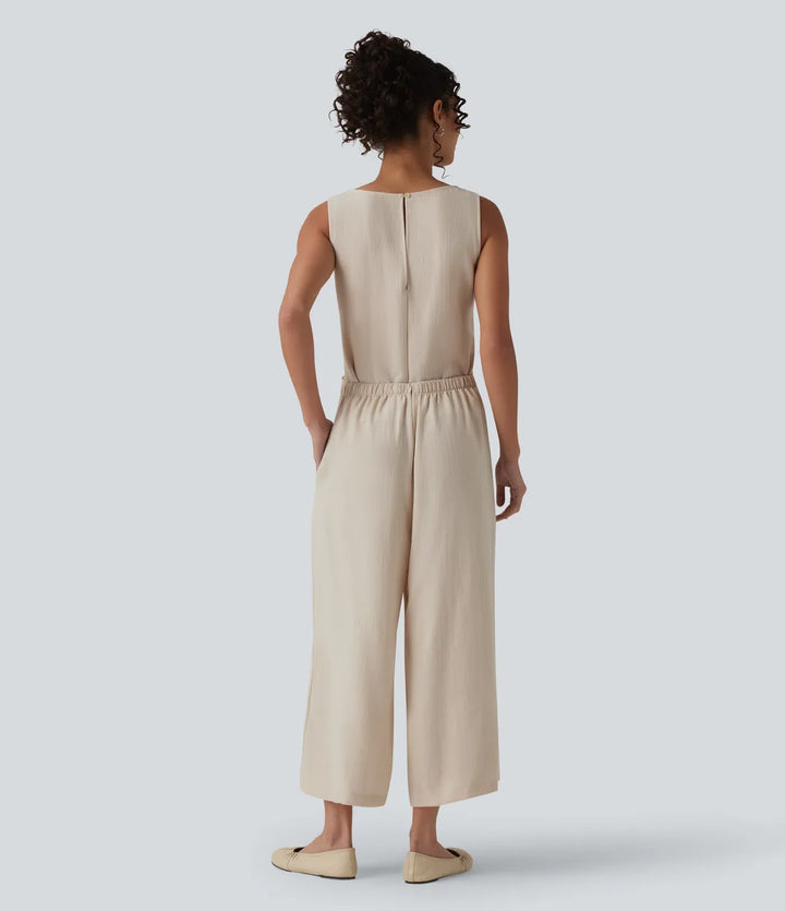 Djup rund halsringning ärmlös knytning fram vardaglig linnekänsla jumpsuit med fickor-Easy Peezy