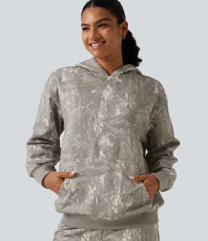 Med huva långärmad vardaglig sweatshirt med ficka
