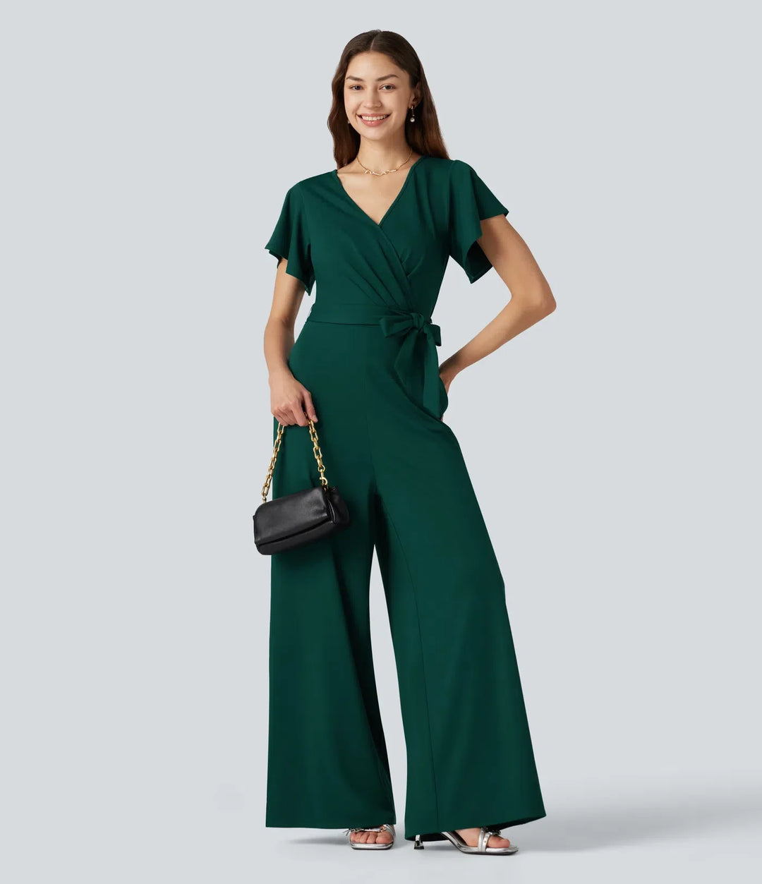 V-ringad kortärmad knytning i sidan baggy vardaglig jumpsuit med fickor-Easy Peezy Edition