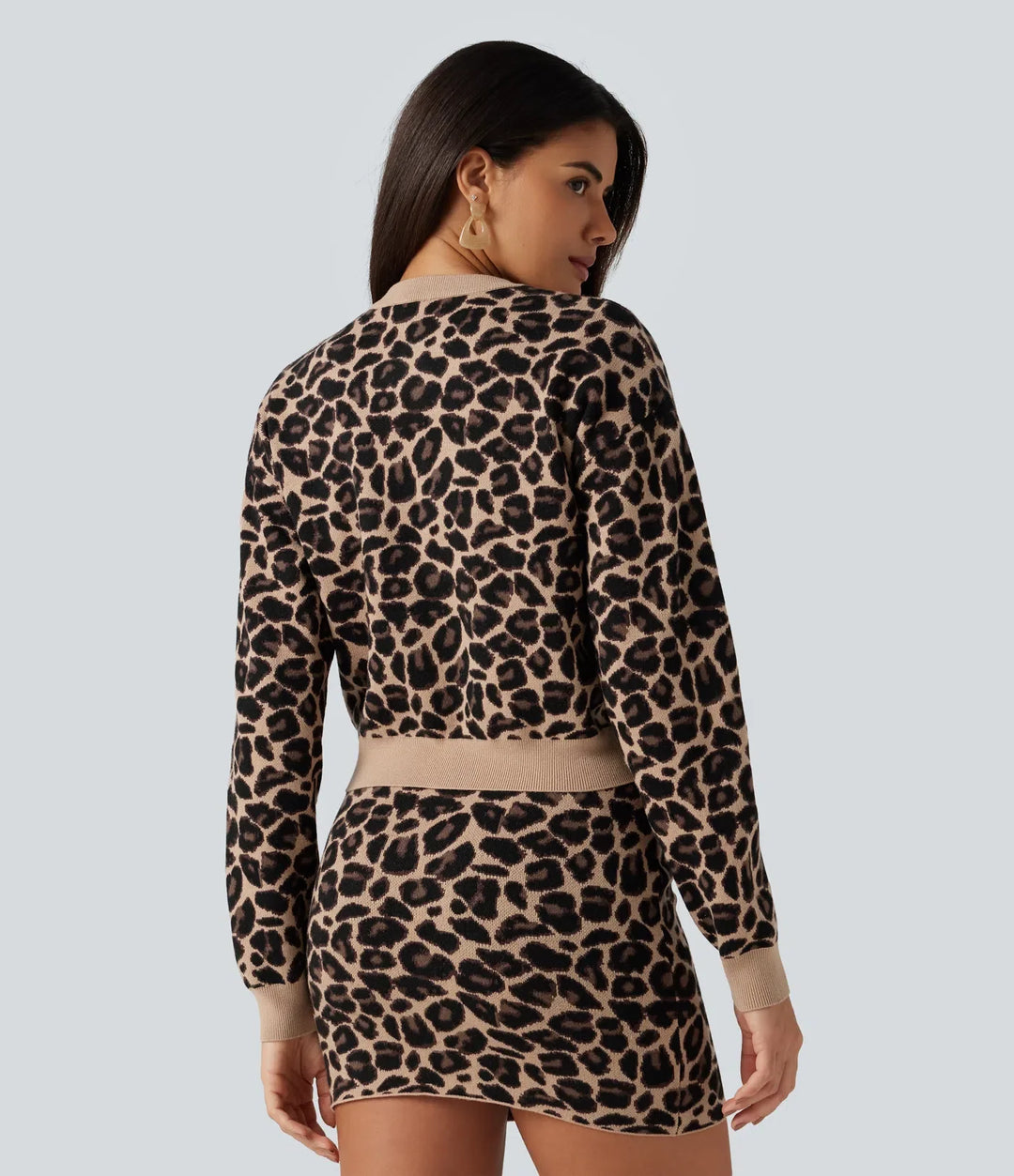 Rund hals långärmad leopardmönster vardaglig cardigan